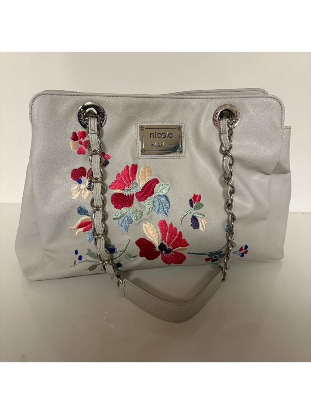 Nicole Miller Floral Embroidered Gray Purse Chain Straps Shoulder Bag
